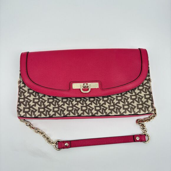 DKNY Signature Chain Clutch Shoulder Bag Chino Fabric Pink Lthr‎ 742315301 - Picture 7 of 10